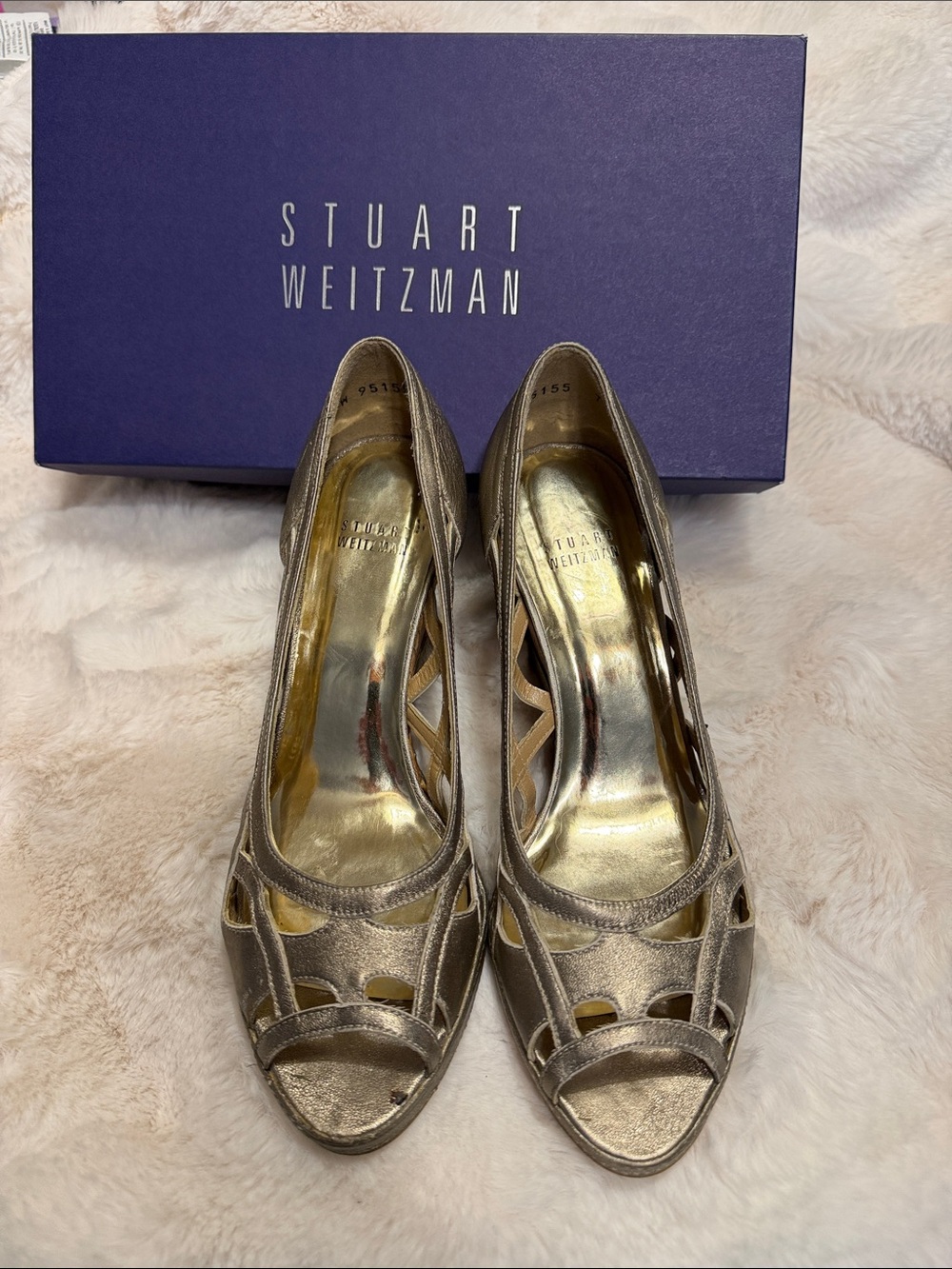 Stuart Weitzman Gold Peep Toe Wedges sz 7